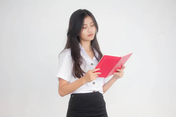 Porträt Von Thailändischen Erwachsenen Studenten Uniform Schöne Mädchen Lesen Rotes — Stockfoto
