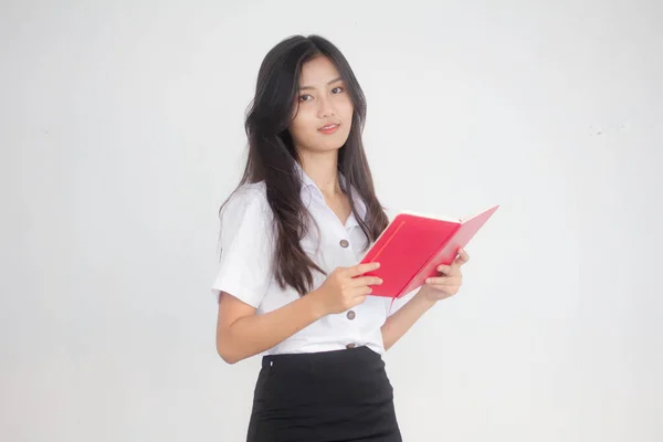 Retrato Tailandês Adulto Estudante Universidade Uniforme Bela Menina Ler Livro — Fotografia de Stock