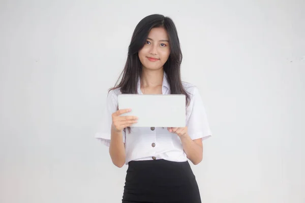 Retrato Tailandês Adulto Estudante Universidade Uniforme Bela Menina Usando Seu — Fotografia de Stock