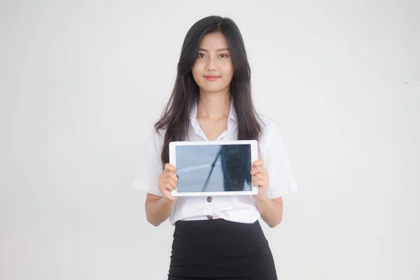 Portrait Thai Adult Student University Uniform Beautiful Girl Using Her — Stock Photo, Image