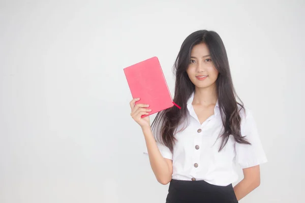 Retrato Tailandês Adulto Estudante Universidade Uniforme Bela Menina Mostrar Livro — Fotografia de Stock