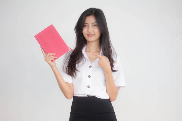 Retrato Tailandés Estudiante Adulto Universidad Uniforme Hermosa Chica Espectáculo Rojo — Foto de Stock