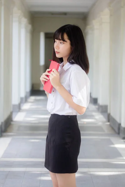 Retrato Tailandês Adulto Estudante Universidade Uniforme Bela Menina Relaxar Sorrir — Fotografia de Stock