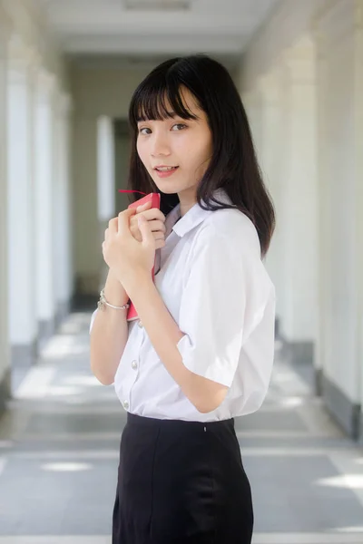 Retrato Tailandés Estudiante Adulto Universidad Uniforme Hermosa Chica Relajarse Sonreír — Foto de Stock