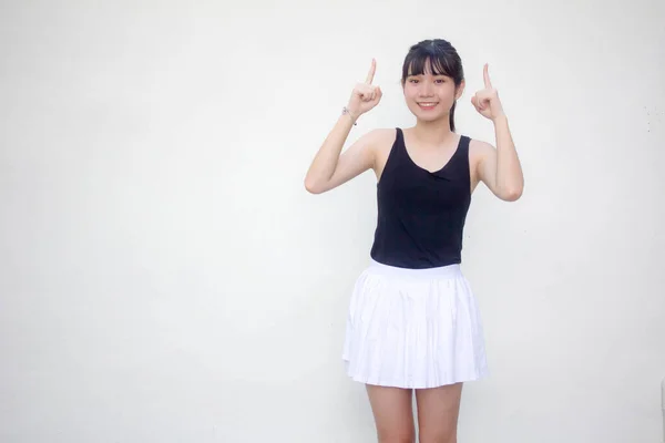 Retrato Tailandês Adulto Linda Menina Camisa Preta Saia Branca Apontando — Fotografia de Stock