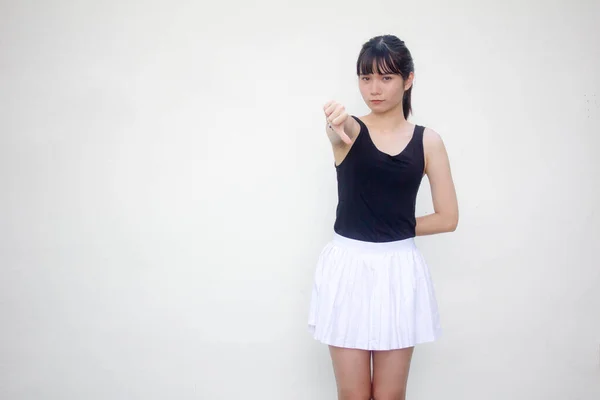 Retrato Tailandês Adulto Linda Menina Camisa Preta Saia Branca Não — Fotografia de Stock