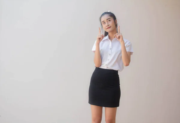 Portrait Thai Adult Student University Uniform Beautiful Girl Pointing — Stock Photo, Image