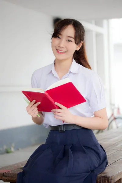Asia Thai High School Student Uniform Beautiful Girl Read Book — Stock Photo, Image