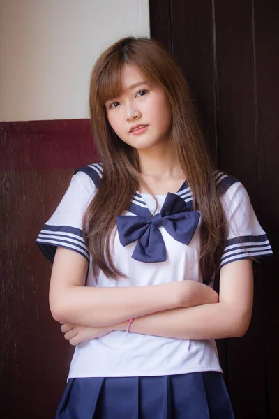 Porträt Von Thai Teen Hübsch Mädchen Japanisch Student Uniform Glücklich — Stockfoto