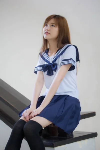 Porträt Von Thai Teen Hübsch Mädchen Japanisch Student Uniform Glücklich — Stockfoto