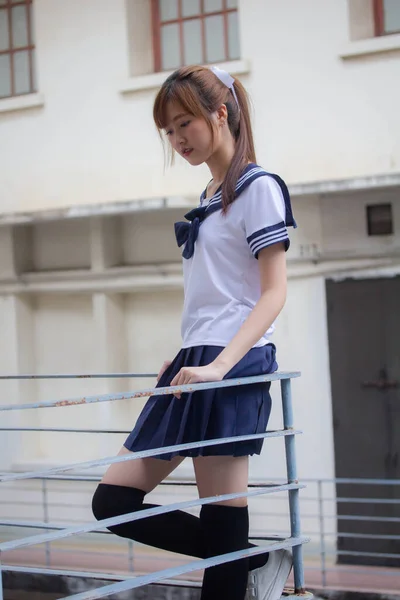 Portret Van Thai Tiener Mooi Meisje Japans Student Uniform Gelukkig — Stockfoto
