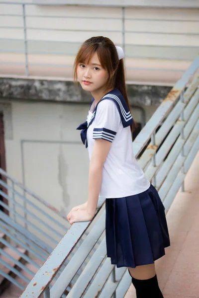 Portrait Thai Teen Beautiful Girl Japanese Student Uniform Happy Relax — Stock Photo, Image