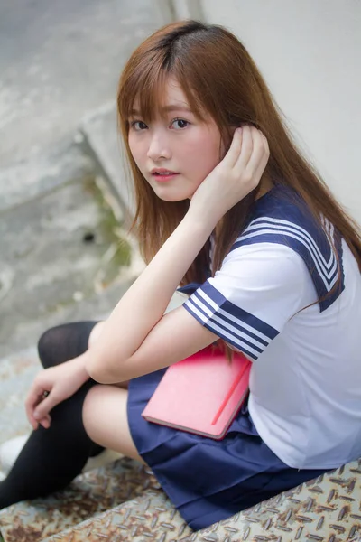 Portrait Thai Teen Beautiful Girl Japanese Student Uniform Happy Relax — Stock Photo, Image