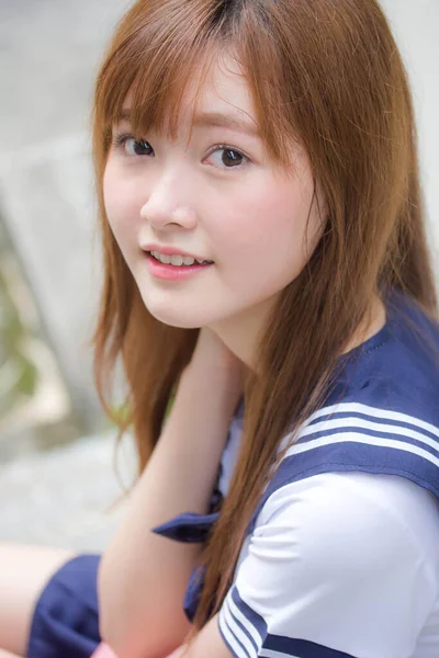 Portrait Thai Teen Beautiful Girl Japanese Student Uniform Happy Relax — Stok Foto