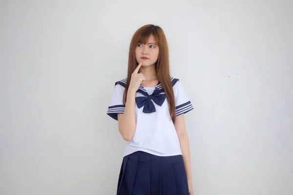 Portret Van Thai Tiener Mooi Meisje Japans Student Uniform Denken — Stockfoto