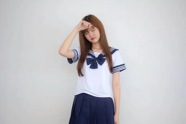 Portrait Thai Teen Beautiful Girl Japanese Student Uniform Think — Stock Photo, Image