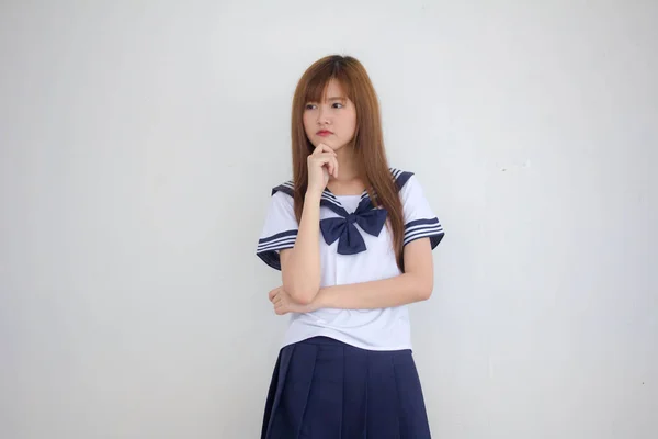 Retrato Tailandés Adolescente Hermosa Chica Japonés Estudiante Uniforme Pensar — Foto de Stock