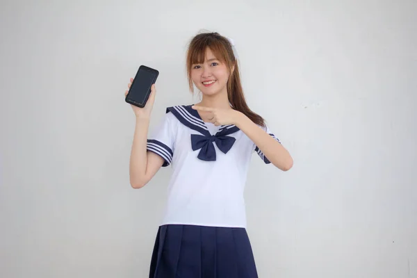 Retrato Tailandês Adolescente Linda Menina Japonês Estudante Uniforme Mostrar Seu — Fotografia de Stock