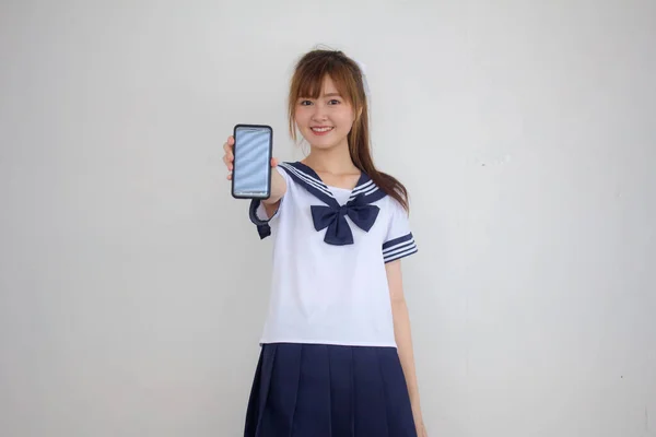 Portrait Thai Teen Belle Fille Uniforme Étudiant Japonais Montrer Tablette — Photo