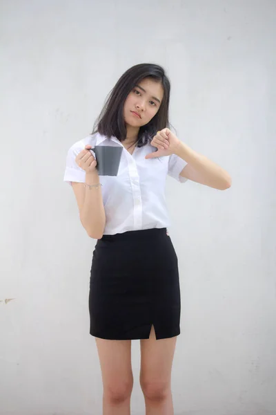 Ritratto Thai Adulto Studente Università Uniforme Bello Bere Caffè — Foto Stock