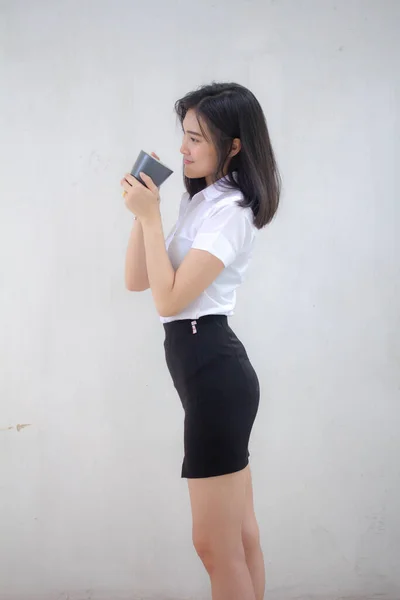 Portrait Von Thailändischen Erwachsenen Studenten Uniform Schönen Kaffee Trinken — Stockfoto