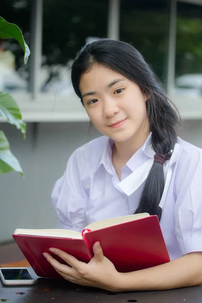 Asia Thai High School Student Uniform Beautiful Girl Read Book — Stock Photo, Image