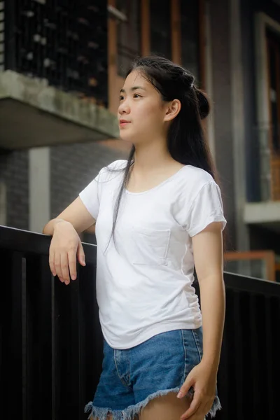 Asia Thai Teen White Shirt Beautiful Girl Happy Relax — Stock Photo, Image