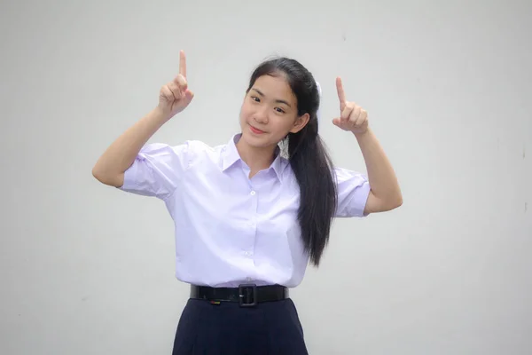 Ritratto Tailandese Liceo Studente Uniforme Bella Ragazza Che Indica — Foto Stock