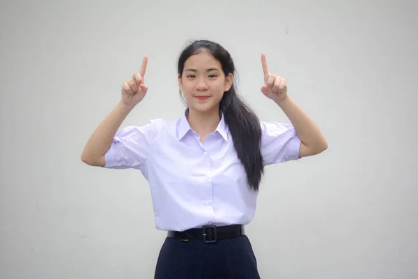 Retrato Tailandés Estudiante Secundaria Uniforme Hermosa Chica Señalando — Foto de Stock