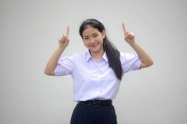 Retrato Tailandés Estudiante Secundaria Uniforme Hermosa Chica Señalando — Foto de Stock