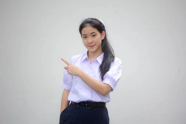 Portrét Thajské Vysoké Školy Student Uniforma Krásná Dívka Ukazuje — Stock fotografie