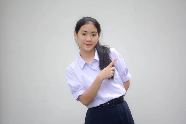 Ritratto Tailandese Liceo Studente Uniforme Bella Ragazza Che Indica — Foto Stock