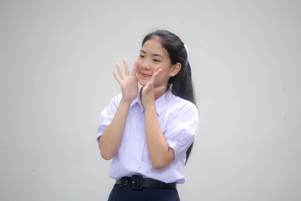 Retrato Tailandês Estudante Ensino Médio Uniforme Bela Menina Falar — Fotografia de Stock