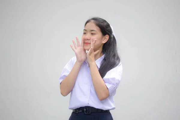 Retrato Tailandês Estudante Ensino Médio Uniforme Bela Menina Falar — Fotografia de Stock