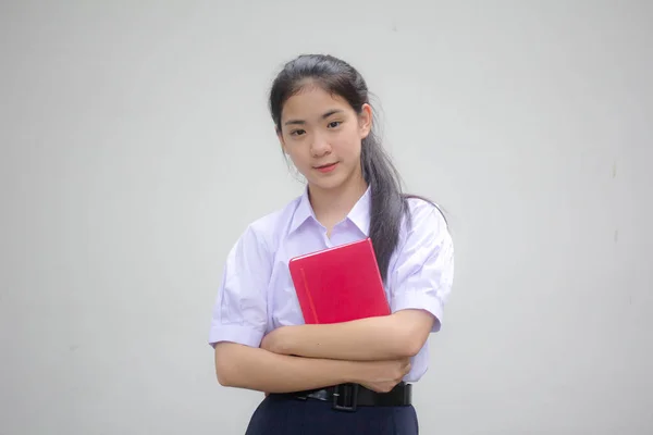 Asia Thajská Střední Škola Student Uniforma Krásná Dívka Kniha — Stock fotografie