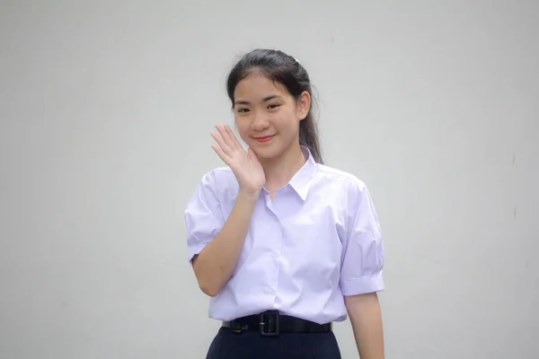 Retrato Tailandês Estudante Ensino Médio Uniforme Bela Menina Falar — Fotografia de Stock