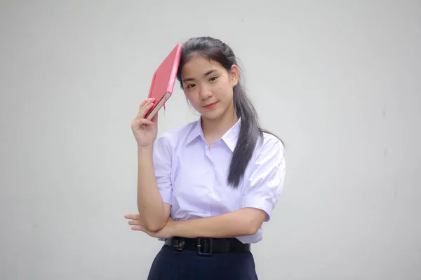 Ásia Tailandês Estudante Ensino Médio Uniforme Bela Menina Livro — Fotografia de Stock
