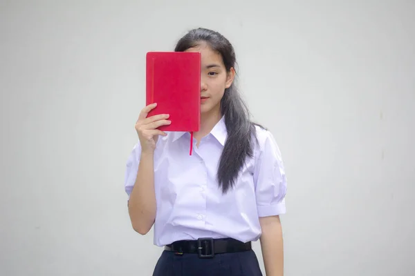 Asia Thajská Střední Škola Student Uniforma Krásná Dívka Kniha — Stock fotografie