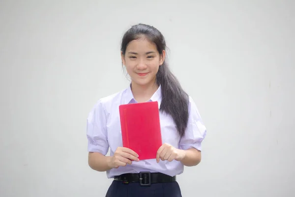 Ásia Tailandês Estudante Ensino Médio Uniforme Bela Menina Livro — Fotografia de Stock