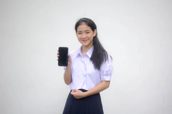 Portrait Thai Lycéen Uniforme Adolescent Belle Fille Montrer Son Téléphone — Photo