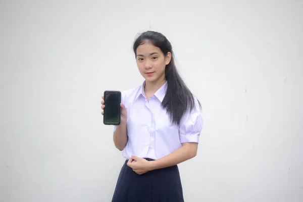 Retrato Tailandés Estudiante Secundaria Uniforme Adolescente Hermosa Chica Mostrar Teléfono —  Fotos de Stock