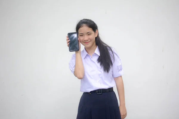 Retrato Tailandês Estudante Ensino Médio Uniforme Adolescente Linda Menina Mostrar — Fotografia de Stock