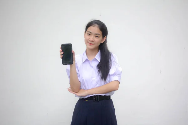 Retrato Tailandés Estudiante Secundaria Uniforme Adolescente Hermosa Chica Mostrar Teléfono —  Fotos de Stock