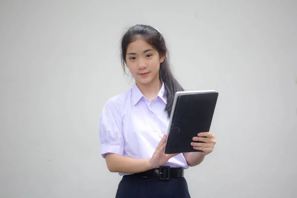 Portrait Thai High School Student Uniform Beautiful Girl Using Her — Φωτογραφία Αρχείου