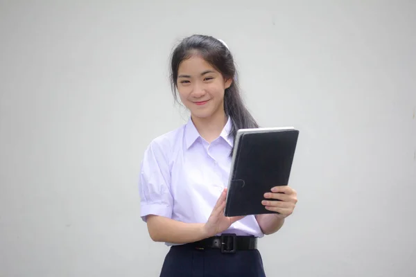 Portrait Thai High School Student Uniform Beautiful Girl Using Her — Stok fotoğraf