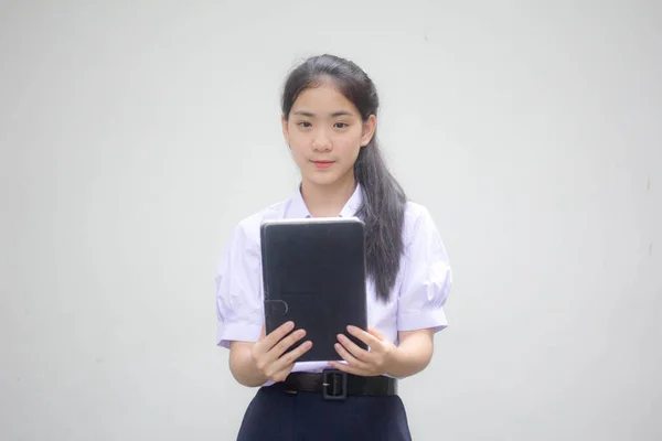 Retrato Tailandês Estudante Ensino Médio Uniforme Menina Bonita Usando Seu — Fotografia de Stock