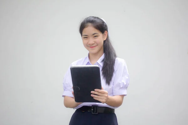 Portrait Thai High School Student Uniform Beautiful Girl Using Her — Stok fotoğraf