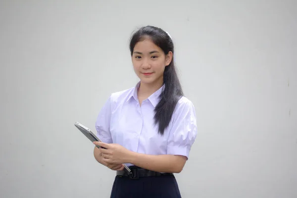 Portrait Thai High School Student Uniform Beautiful Girl Using Her — Stok fotoğraf