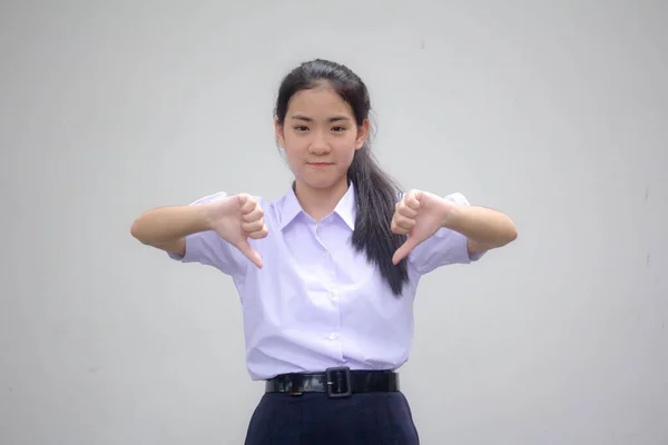 Retrato Tailandés Estudiante Secundaria Uniforme Hermosa Chica Disgusta —  Fotos de Stock