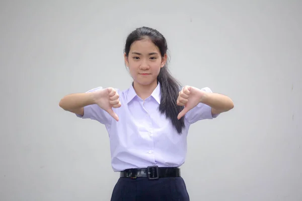 Retrato Tailandês Estudante Ensino Médio Uniforme Bela Menina Não Gosta — Fotografia de Stock